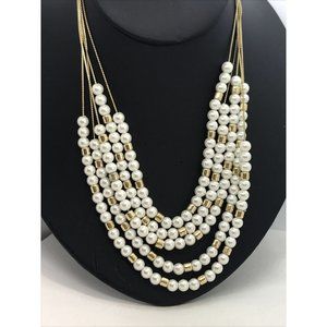Multi Strand‎ Faux Pearl 15" Beads Chain Statement Necklace gold tone